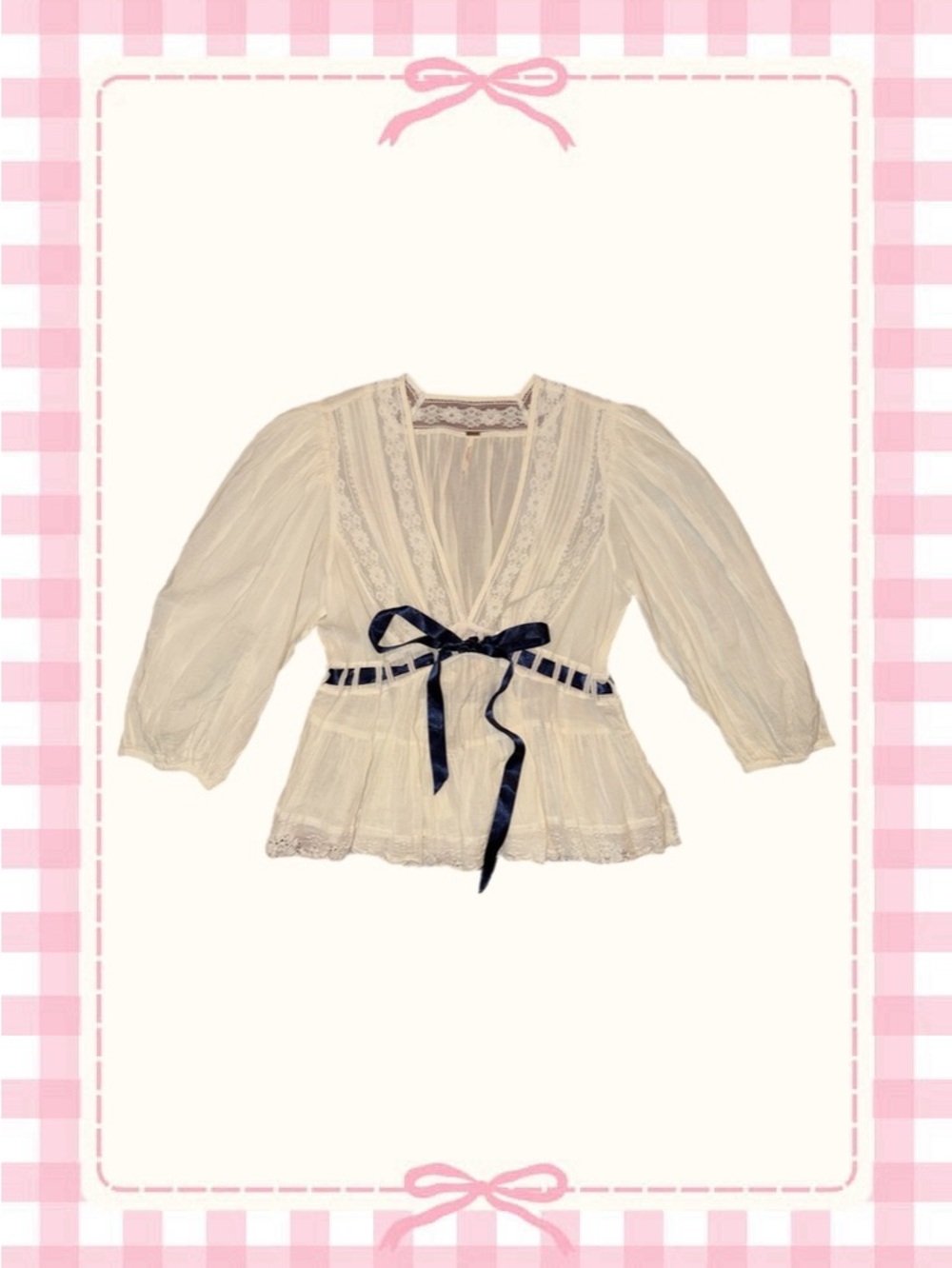 Free People - Sheer Ivory Lace Peplum Blouse with Navy Ribbon Tie